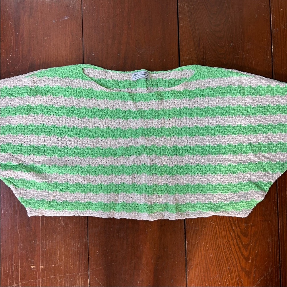 Urban Outfitters Green and Cream Off-the-Shoulder Sweater
